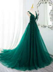 Dark Green V-neckline Lace Long Beaded Prom Dress, Dark Green Party Dress