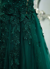 Dark Green V-neckline Lace Long Beaded Prom Dress, Dark Green Party Dress