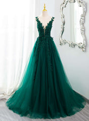 Dark Green V-neckline Lace Long Beaded Prom Dress, Dark Green Party Dress