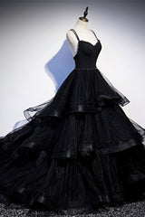 Black Tulle Open Back V Neck Beaded Layered Long Prom Dresses