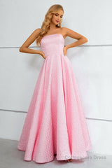 Pink Lace Up A-Line Strapless Prom Dress