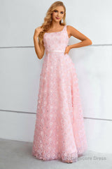 Pink A-Line Lace-Up Back Prom Dress With 3D Flowers