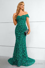 Dark Green Off The Shoulder Mermaid Prom Dress With Appliques