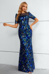 Royal Blue Sequined Short Sleeves Formal Dress