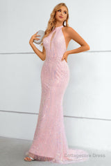 Pink Sequined Halter Neck Keyhole Backless Mermaid Prom Dress