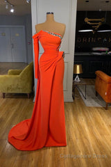 Long sleeves Strapless Orange Sequined Long Prom Dress