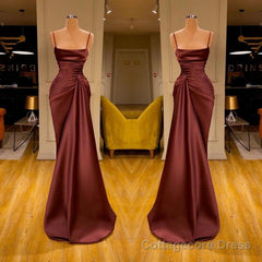 Burgundy Spaghetti-Straps Mermaid Ruffles Prom Dress Long