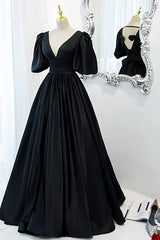 Classy Black Prom Dress Formal Dress with Bubble Sleeves