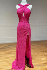 Cross Front Hot Pink Sequins Mermaid Long Formal Dress