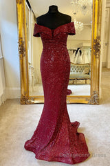 Off the Shoulder Burgundy Sequins Mermaid Long Formal Dress