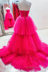 High Low Hot Pink Strapless Formal Gown