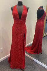 Simply Red Sequin Mermaid Long Prom Dress with Slit