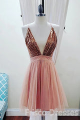 Deep V-neck Spaghetti Straps Sleeveless Sequins Short Prom Dresses, Homecoming Dresses