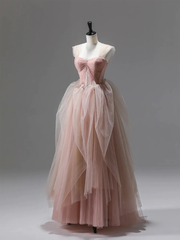 Pink A-Line Tulle Long Prom Dress Evening Gown