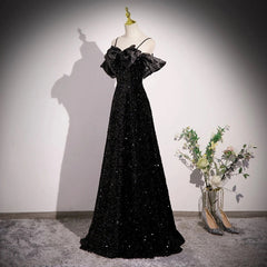 A-Line Off Shoulder Velvet Sequin Long Black Prom Dress, Black Long Evening Dress