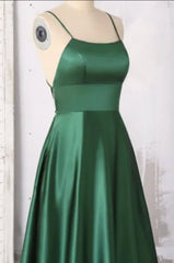 Emerald Green Prom Dresses, Strappy Back Slit Simple Satin Prom Dress