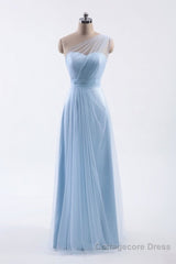 One Shoulder Sweetheart Ice Blue Bridesmaid Dress