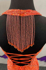 Halter Orange Sequins Bodycon Homecoming Dress with Tassel