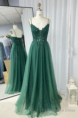 Hunter Green A-line Beaded Applique Straps Tulle Long Prom Dress