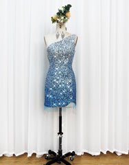 Gorgeous Sparkly Sequin One Shoulder Tight Homecoming Dress With Fringe