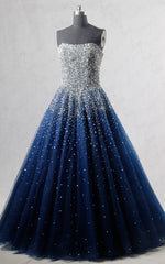 Royal Blue Strapless Sleeveless Beading Sequined Tulle Floor Length Long Prom Dress