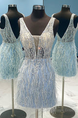 Light Blue Beaded Sequins Tight Homecoming Dress with Feathers