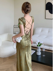 Summer Elegant Women Satin Backless Short Sleeve Lace Sexy Bandage Vintage Bodycon Vestidos Female Fashion Robe New Prom Dress