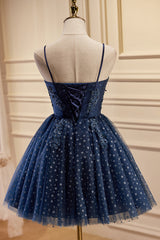 Dark Navy Spaghetti Straps Tulle Short Homecoming Dresses