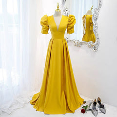 Open Back Yellow Prom Dress with Sleeves