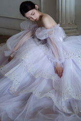 Long Sleeves Layered Light Purple Tulle Long Prom Dresses, Light Purple Formal Evening Dresses, Ball Gown