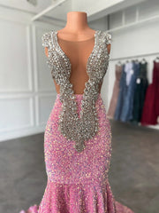 Glamorous Sparkly Sequins Prom Dresses, Deep V-Neck Sleeveles Stretch Satin Mermaid Prom Dress