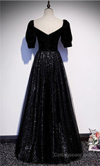 Modest Sparkly Black Long A-line Prom Dresses With Sleeves Evening Gowns