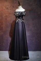 Beauty Off The Shoulder Floor Length Lace Up Long Black Prom Dresses With Appliques