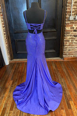 Mermaid Purple Satin Sequins Long Prom Dress With Side Slit