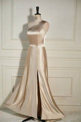 Champagne One Shoulder A-line Satin Long Dress with Slit