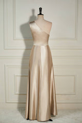 Champagne One Shoulder A-line Satin Long Dress with Slit