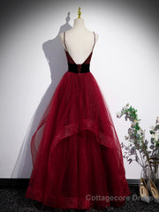 Wine Red Straps Beaded Sweetheart Tulle Formal Dress, Wine Red A-Line Prom Dress