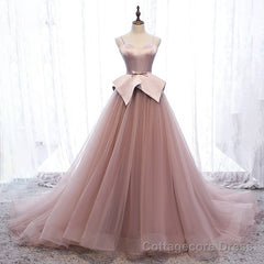 Pink Spaghetti Straps Tulle Long Formal Prom Dress, Unique Long Wedding Dess