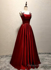 Wine Red Satin Straps Round Neckline Party Dress, Wine Red Long Prom Dress