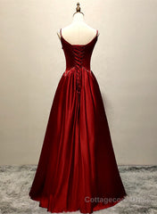 Wine Red Satin Straps Round Neckline Party Dress, Wine Red Long Prom Dress