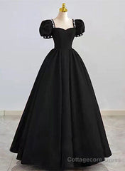 Black Sweetheart Short Sleeves Beaded Party Dress, A-Line Black Satin Prom Dress