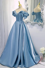 Off Shoulders Ball Gown Poofy Dusty Blue Prom Dress