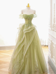 Off the Shoulder Green Tulle Long Beaded Prom Dresses, Off Shoulder Green Tulle Long Formal Evening Dresses