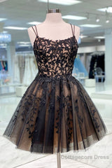 Black Spaghetti Straps Appliques Tulle Short Homecoming Dresses