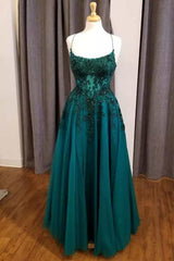 Simple Hunter Green Floral Lace Scoop Neck A-Line Prom Dress