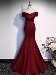 Sexy Mermaid Long Red Satin Prom Dresses With Bowknot Long Prom Dress