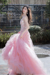 Pink Organza Strapless Pink Lace Floral Long Prom Dresses, Pink Lace Formal Evening Dresses, Pink Ball Gown