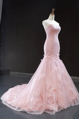 Pink Tulle Princess Wedding Dress Strapless Pink Long Prom Dress with ruffles Skirt