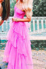 Fashion Hot Pink Layered Ruffles Evening Gown A Line Tulle Long Prom Dresses