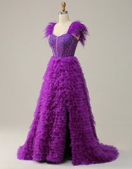 Purple A-Line Ruffle Glitter Long Prom Dress With Split